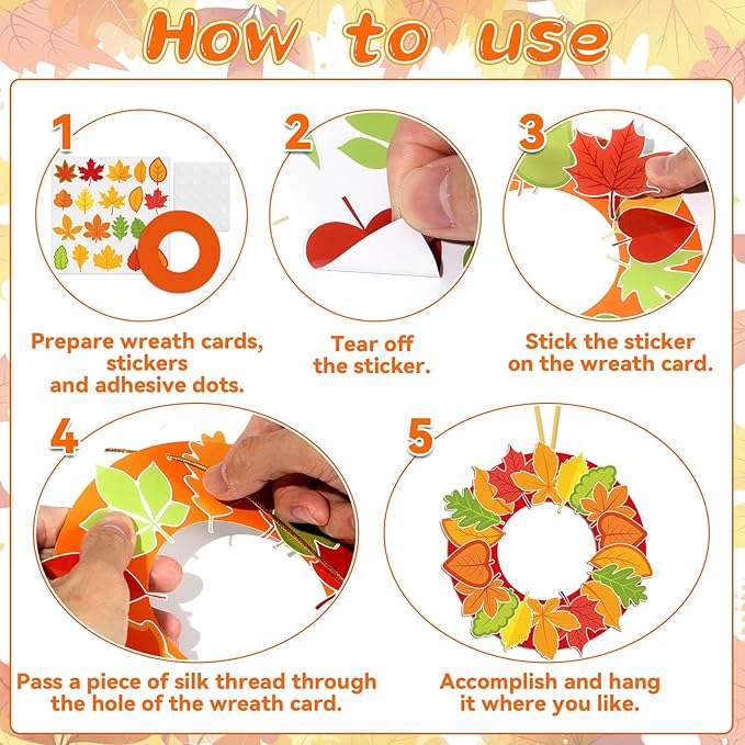 Lonfliness 36 Sets Fall Wreath Craft Kits for DIY Autumn Maple Leaves Paper Wreath Hanging Ornaments Make Your Own Thanksgiving Paper Art Craft for School Home Party Decor Activities