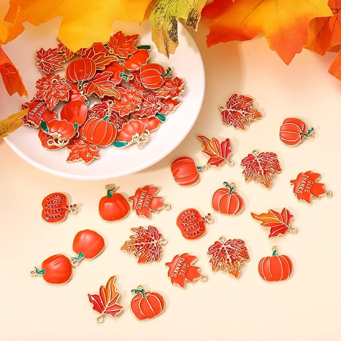 40/50PCS Fall Charms for Jewelry Making, Thanksgiving Pumpkin Maple Leaf Turkey Pendant Charms for DIY Autumn Bracelet Necklace Earrings Crafts