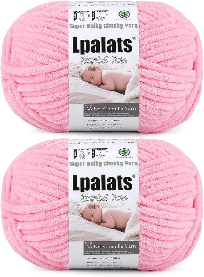 Baby Blanket Yarn for Crocheting - 2 Pack of 300g (Total 600g/21.2oz) Super Fluffy Chunky Chenille Yarn for hand Knitting, 230 yds Super Bulky Plush Yarn for Cozy Blankets and Amigurumi (2, Dark Pink)