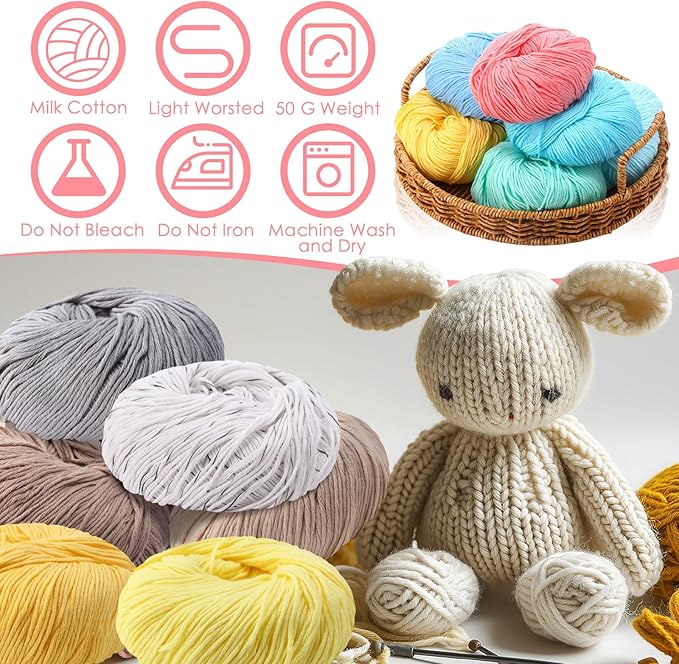 16 Skeins Cotton Yarn for Crocheting Knitting Soft Fine Clothes Cotton Blankets Yarn Bulk Assorted Colors for DIY Craft, Each 50g/185yard, 16 Colors(Stylish Colors)