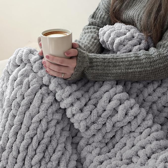 Jumbo Chunky Yarn for Hand Knitting - Super Thick Chenille Chunky Yarn for Crocheting - Extra Soft Bulky Fluffy Blanket Big Yarn 8 Jumbo Pack (27yds,8 oz Each Skein) Light Grey