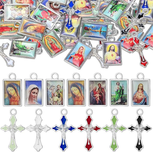 Rosary Making Kits Supplies Cross and Center Medal Charm Alloy Picture Religious Charms Crucifix Pendant for DIY Jewelry Making Prayer Bracelet Necklace Earring