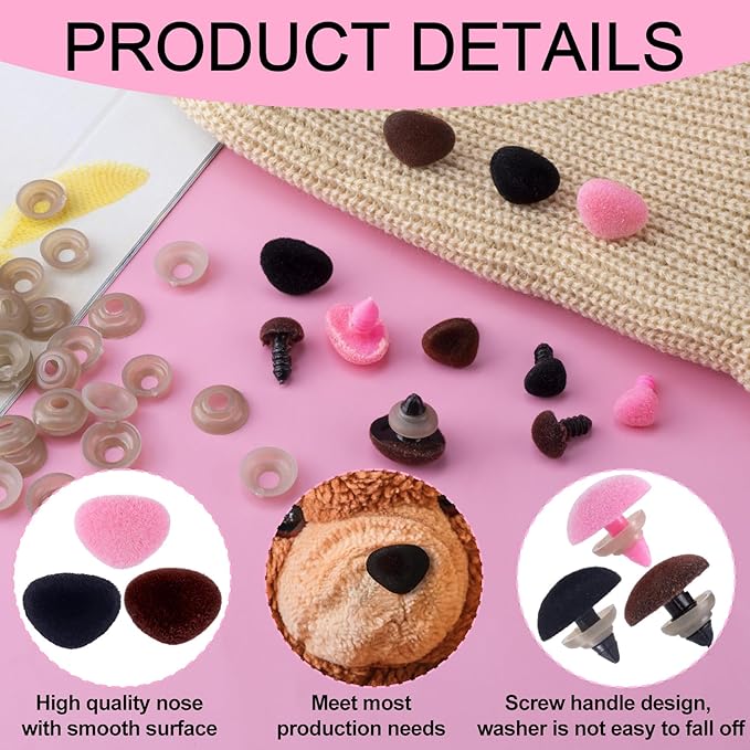 CustomyLife 36pcs Safety Noses for Amigurumi, 3 Sizes Plastic Craft Doll Noses with Washers, Flocking Stuffed Noses for Crochet Puppet Plush Toy Accessories- Black & Pink & Brown