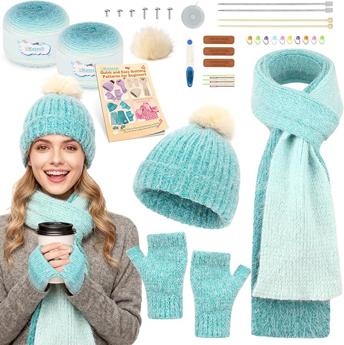 katech beginner knitting kit - learn to knit kit for adults- complete hat, scarf, gloves starter kit with step-by-step instructions(gradient)