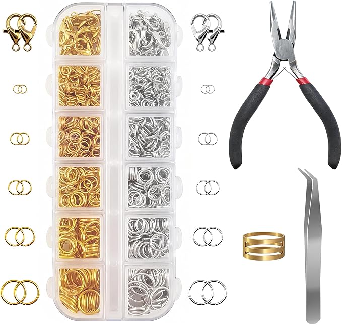 Jewelry Repair Kit, 1400 PCS Assorted Sizes Jump Rings Jewelry Making Supplies with Pliers Necklace Clasps Tweezers Opener for DIY Craft and Keychain (Silver and Gold)