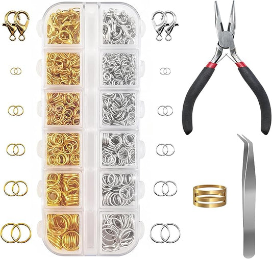 Jewelry Repair Kit, 1400 PCS Assorted Sizes Jump Rings Jewelry Making Supplies with Pliers Necklace Clasps Tweezers Opener for DIY Craft and Keychain (Silver and Gold)