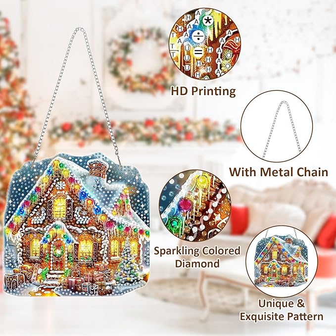 SENQAO Christmas Diamond Art Hanging Kits for Adults Kids, Christmas House Diamond Art Suncatchers, 5D Special Shape Diamond Painting Pendant Window Ornament Gifts for Home Door Wall Decor