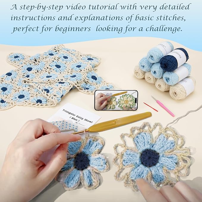 Noocro Crochet Kit for Intermediate or Advanced Levels, Complete Craft Kit for a Floral Daisy Shawl with Step by Step Video Tutorials Detailed Instructions, Perfect Holiday Gift or DIY Project (Blue)
