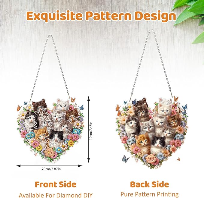 MEIYUDA Cat Diamond Art Hanging Kits for Adult, Flower Cats Diamond Painting Hanging Kits Ornaments, DIY Special Shaped Rhinestone Window Pendants Kit for Home Garden Wall Decor Gift