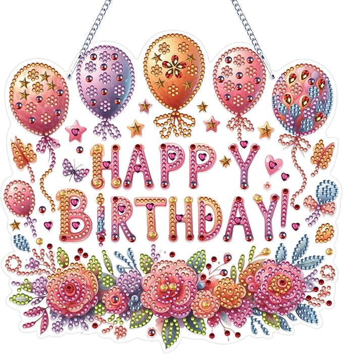 VODAPYC Birthday Party Diamond Art Painting Acrylic Hanging Kit for Adults, DIY Double Sided Special Shaped Diamonds Art Window Pendant Ornament(Happy Birthday)