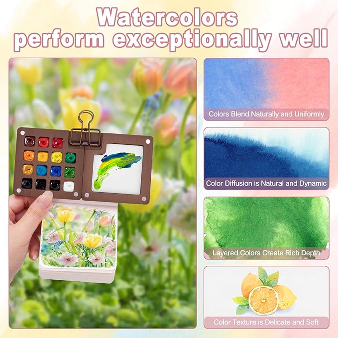Mini Watercolor Paint Set, Mini Paint Palette Travel Kit, Pocket Artist Watercolor Travel Set Colors, Sketchbook, Brush, Metal Clip, for Beginners, Artists, Enthusiasts (15 Grids, 24 Colors)