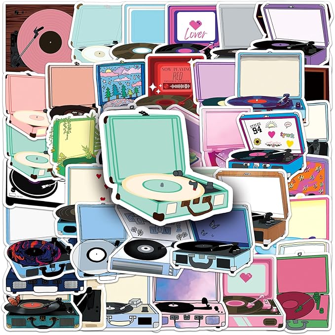 Retro Record Player Stickers for Scrapbooking,50 Pcs Vintage Vinyl Player Decals, Waterproof Vinyl Stickers for Journals, Laptops, Home Decor, Ideal for Music Lovers Adults(Record Player)