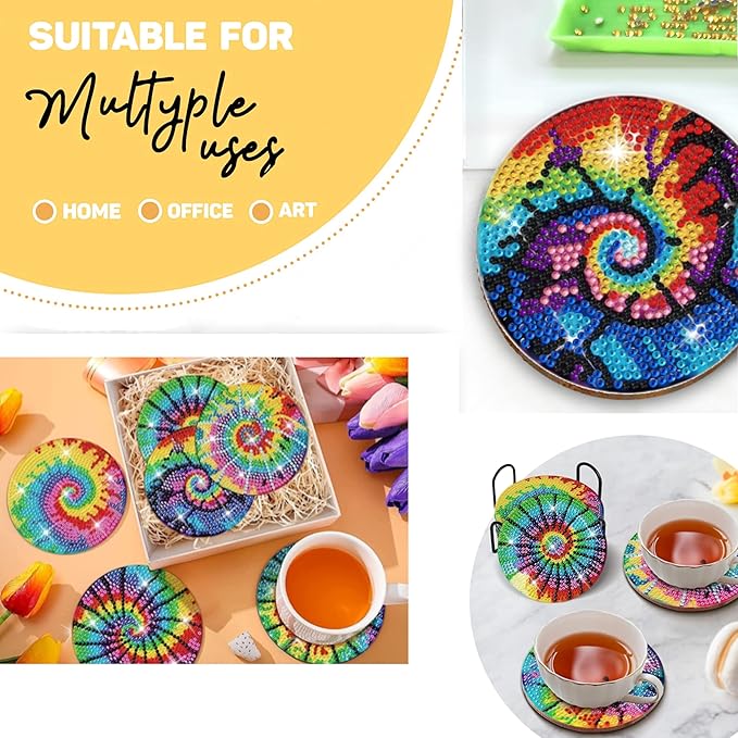 8 pcs Diamond Painting Coasters | Diamond Art Coasters | Tie Dye Diamond Art Painting | Perfect Art Craft Gift for Tie Dye Lover, Dad, Mom, Grandparents, Brother, Sister.