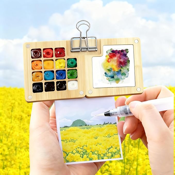 Mini Travel Watercolor Set Pocket Artist Watercolor Travel Set Grid Palette Box Sketch Book Brush Pens With Binder Clips For Painters Artists Students (bamboo, 15 Grids)