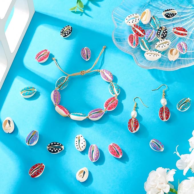 Cheriswelry 28Pcs Natural Spiral Shell Beads Print Polka Dot Sea Shells Beach Spacer Beads Cowrie Shell Loose Bead 17-22mm for DIY Summer Earring Bracelet Necklace Jewelry Making