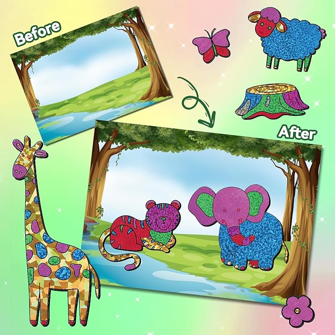 atfunshop magical foil art animals in forest farm sea & birds - no mess foil craft kit for kids ages 4 5 6 7 8 9 fun creative diy activity, ideal birthday gift for girls boys
