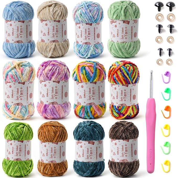 12 Pack Chenille Chunky Yarn - Baby Soft for Crocheting - White, Red, Pink, Yellow, Blue, Rainbow Velvet - Crochet Blanket, Amigurumi Pack With Accessories C
