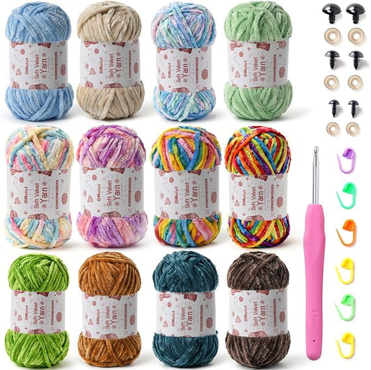 12 Pack Chenille Chunky Yarn - Baby Soft for Crocheting - White, Red, Pink, Yellow, Blue, Rainbow Velvet - Crochet Blanket, Amigurumi Pack With Accessories C