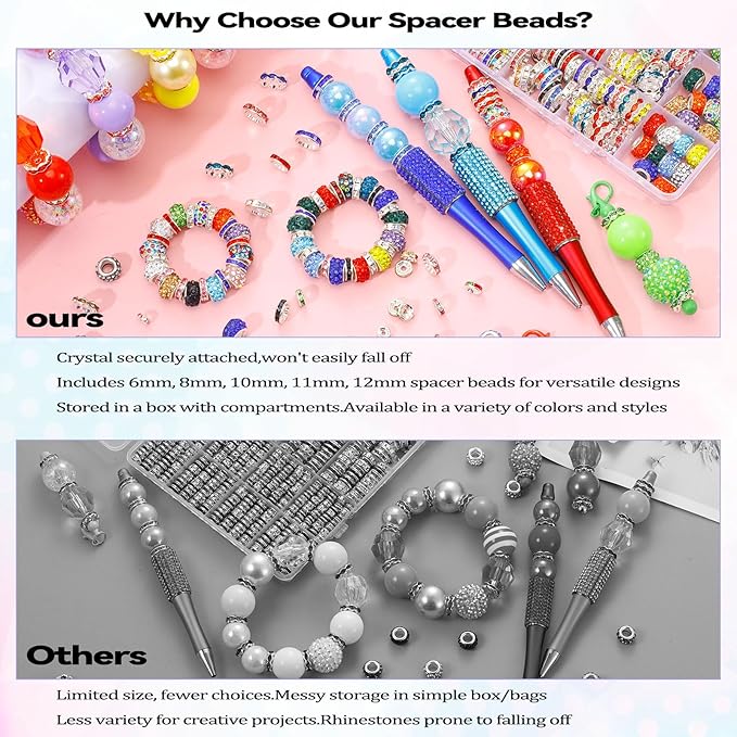 290PCS 6 Styles Rondelle Spacer Beads for Jewelry Making, 6mm, 8mm, 10mm, 11mm, 12mm Rhinestone Spacer Beads for Beaded Pens, Multicolor Crystal Bead Spacers for DIY Crafts
