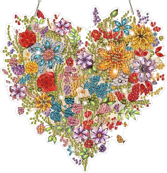 Heart-Shaped Flower Diamond Art Hanging Kits for Adults, Diamond Art Suncatchers Flowers, 5D Special Shape Diamond Painting Pendant Window Ornament Gifts for Home Wall Door Decor