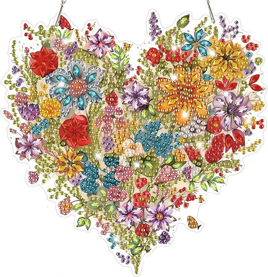 Heart-Shaped Flower Diamond Art Hanging Kits for Adults, Diamond Art Suncatchers Flowers, 5D Special Shape Diamond Painting Pendant Window Ornament Gifts for Home Wall Door Decor