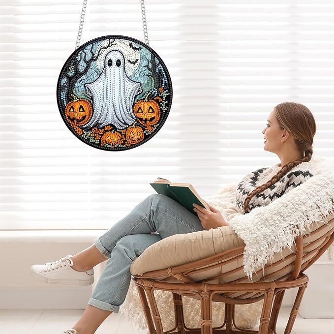 Bimkole Ghost Diamond Art Hanging Kit for Adult, DIY 5D Diamond Art Halloween Window Pendant, Acrylic Crystal Art Hanging Ornament Home Wall Garden Front Door Sign Outdoor Decor 7.8x7.8 Inch