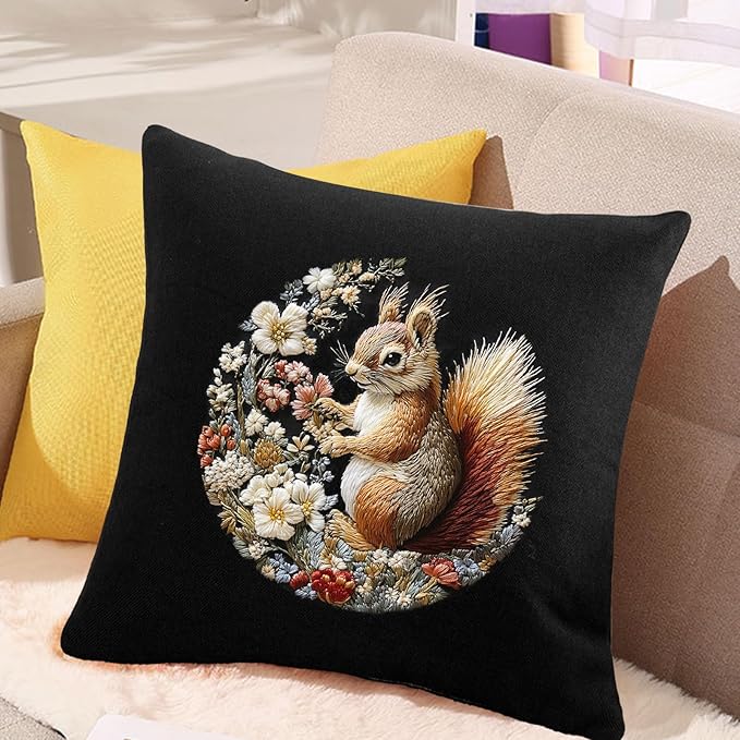 FONNUY Funny Squirrel Floral Embroidery Kit, Cross Stitch Kits for Beginners, Handmade Crafts with Printed Patterns for Beginner Adults, Easy to Follow Color Thread Needlework, 8'' Hoop (Clever)