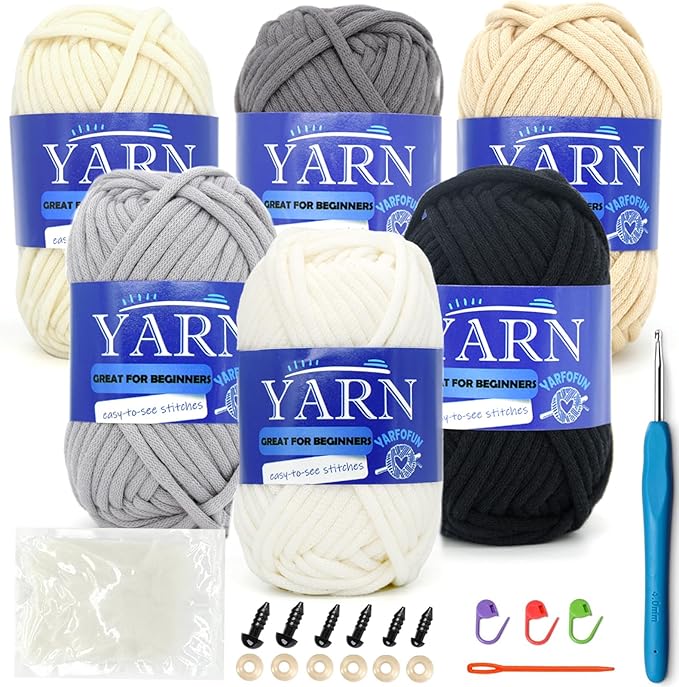 6 Pack Beginners Crochet Yarn Cotton Easy Yarn for Beginners Crocheting and Knitting with Easy to See Stitches Cotton Nylon Blend Yarn for Beginners Crochet Kit-Black White Series