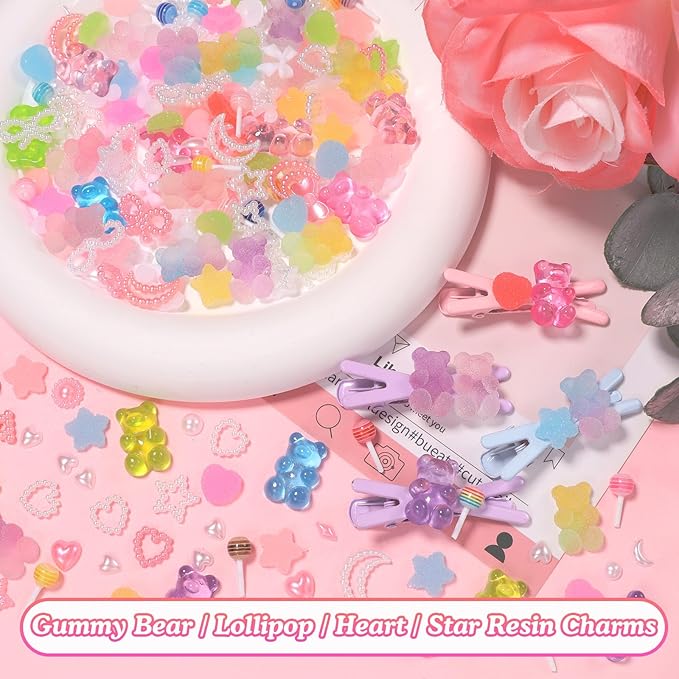 400 Pcs Candy Junk Case Charms Kit, Color Gummy Bear Lollipop Star Heart Charms for Junk Cases, Pink White Bow Moon Hearts Pearls Phone Case Charms, Assorted Slime Charms for DIY Crafts