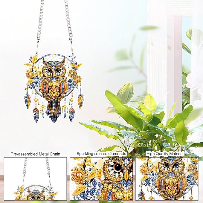 AiYuanzsh DIY Diamond Art Painting Hanging Pendant Kit Dreamspreader Owl Special Shaped Diamond Art Acrylic Ornaments for Adults Home Wall Window Decor Gift