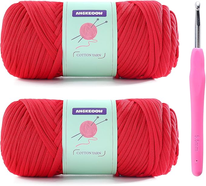 2 Skeins Tshirt Yarn for Crochet,Soft T Shirt Yarn for Crocheting Bag/Basket/Home Decor,Trapillo para Tejer a Crochet Bolsas with 1 Crochet Hook,Each Ribbon Yarn 7oz, 66yds (Red)