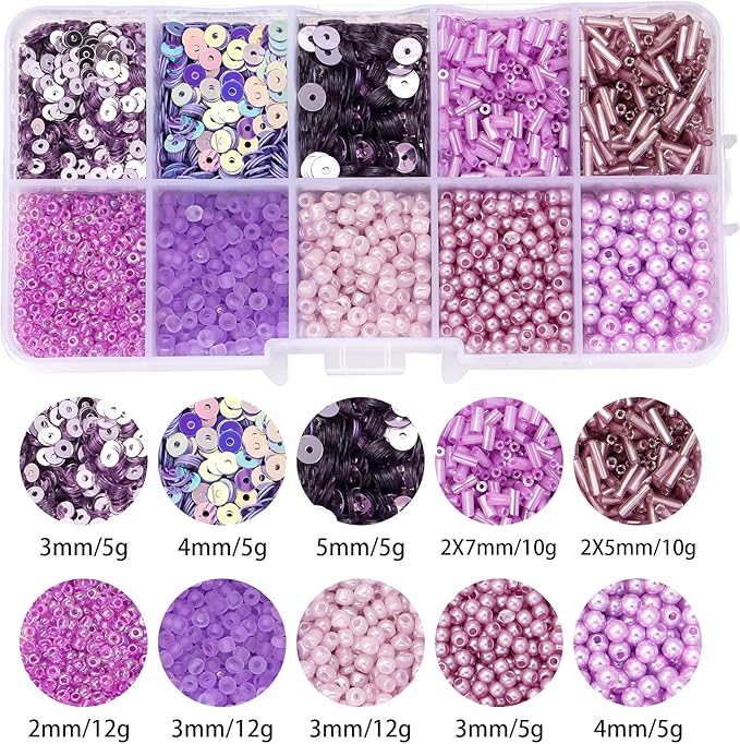 Assorted Beads for Jewelry Making, Glass Seed Bugle Tube Beads Loose Sequins Multiple Sizes for Crafts Sewing Jewelry Making
