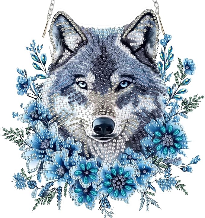 SENQAO Wolf Diamond Art Hanging Kit for Adult, Special Shaped Rhinestone, DIY Acrylic 5D Diamond Art Painting Window Pendants Home Garden Wall Hanging Kits Hanging Ornament