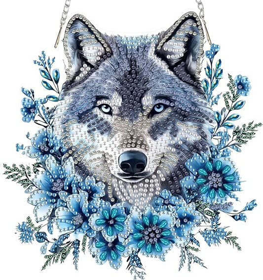 SENQAO Wolf Diamond Art Hanging Kit for Adult, Special Shaped Rhinestone, DIY Acrylic 5D Diamond Art Painting Window Pendants Home Garden Wall Hanging Kits Hanging Ornament