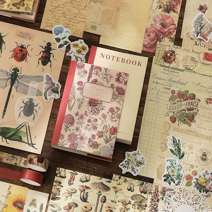 emmoolife Vintage Aesthetic Scrapbooking Supplies Kit, Flowers Botanical Bullet Junk Journal Kit with Journaling Supplies, Tweezers, A6 Grid Notebook,Stationery,Sticker, Birthday Craft Gift for Adult