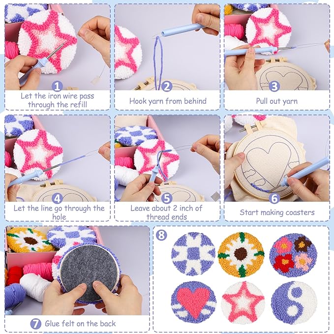 AIRDEA Punch Needle Drink Coasters Kit,Casual Punch Needle Embroidery Complete Kits for Beginner 3.29x3.29 Inches,Included All Accessories,DIY Car Coasters (Box-Blue Pink Yellow)