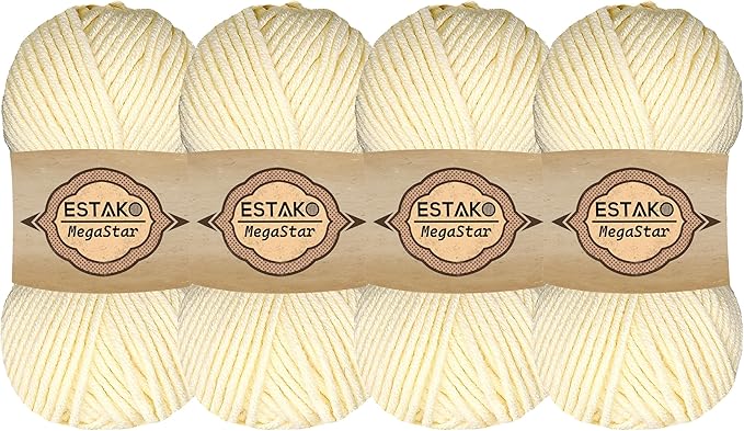Estako Megastar, (4 Skeins Pack) 75% Acrylic 25% Wool Yarn, Soft, Chunky Bulky Weight #5 for Crochet and Knitting (4 x 3.52 Oz) / (4 x 120 Yrds) (60299 - Cream)