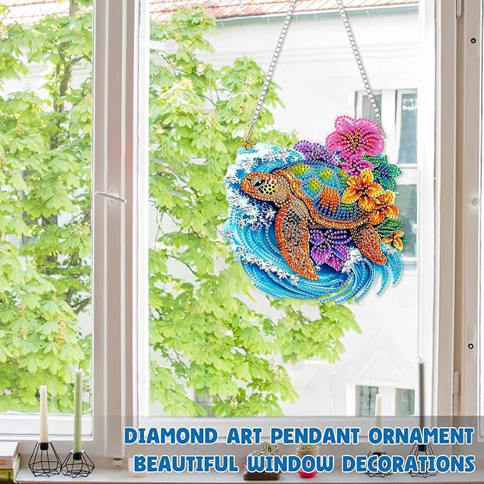 RICUVED Hanging Diamond Art Kit Turtle, Special Shaped Crystal Craft Sea Diamond Painting Pendant Kit for Adults Beginners, DIY Flowers Hanging Diamond Art Ornament Kit for Home Garden Decor