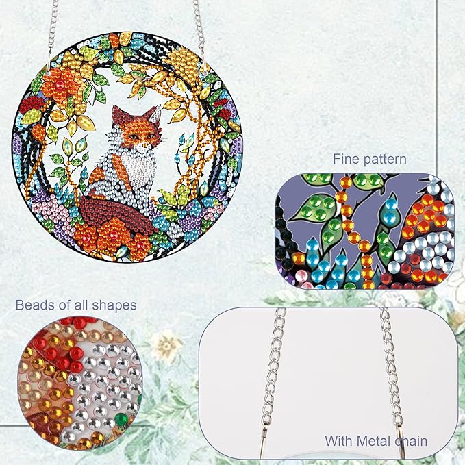 TDFERAN Diamond Painting Pendant Fox DIY Gem Art for Ornament Kits Window Pendant Diamond Art Kits for Adults for Shaped Diamond Wall Hanging in Living Room Dorridor Hanging for Wall Home Decor