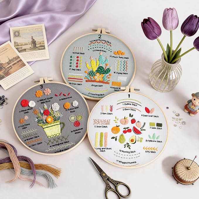 Embroidery Kit for Adult Beginners, 3 Pack Embroidery Stitches Practice Kit to Learn 31 Stitches, with Step-by-Step Instructions & Videos, Tools, DIY Needlework Craft Gift for Craft Lovers Women