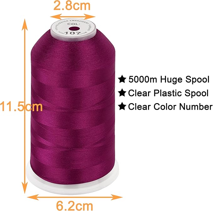 New brothread - Single Huge Spool 5000M Each Polyester Embroidery Machine Thread 40WT for Commercial and Domestic Machines - Dark Fuchsia