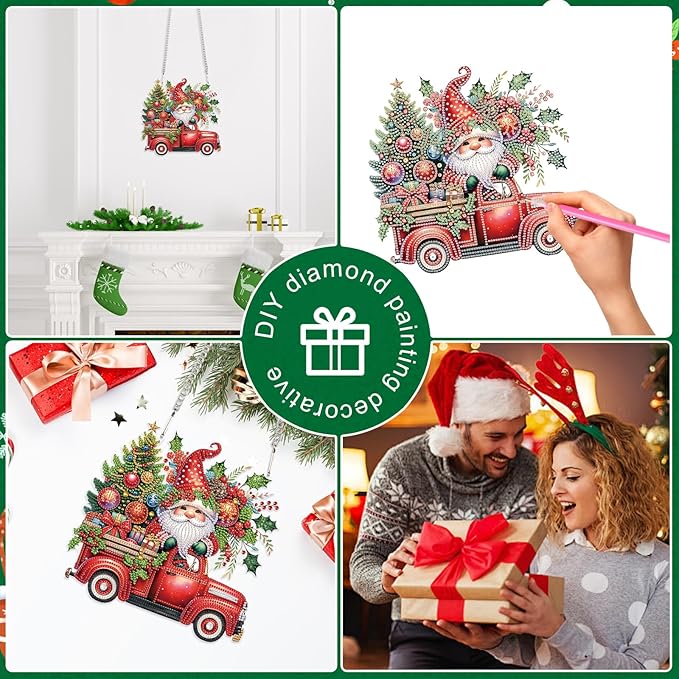 5D DIY Christmas Diamond Art Pendant Kit, Gnome, Christmas Tree & Car Design, Diamond Painting Hanging Ornament for Adults, Crystal Window & Door Decor, Holiday Gift Wall Home Decoration (24.1x23.4cm)