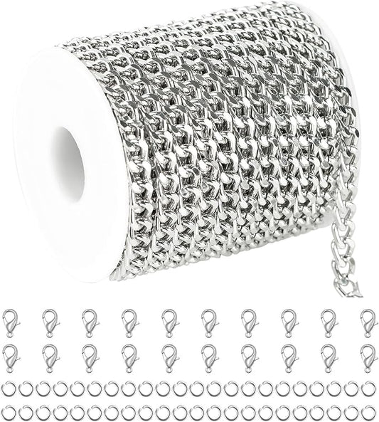 YOUBEIYEE 33ft/10m Cuban Chain Spool - Light Silver Plated Aluminum Chains for Men and Women Necklace and Bracelet DIY Jewelry Supplies