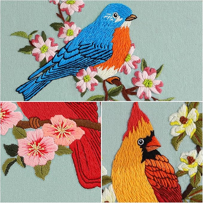 Louise Maelys 3 Sets Bird Embroidery Kits for Beginners,Adults Starter Flower Pattern Cross Stitch Kit DIY Needlepoint Kits with Embroidery Instructions