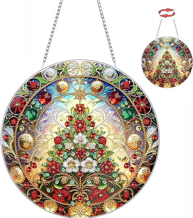 Diamond Art Kit for Adults Christmas Tree Special Gem Two-Sided Pattern Design Diamond Art Hanging Ornament Pendant Kit for Home Wall Door Holiday Decor