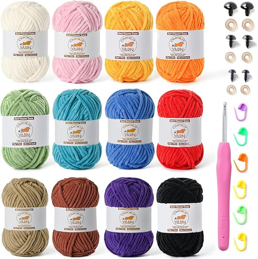 12 Pack Fluffy Velvet Yarn for Crocheting, Chunky Chenille Baby Yarn for Crocheting Soft Blanket, 787 yds Amigurumi Yarns for Knitting, Bulky Multicolored Crochet Yarns Set G