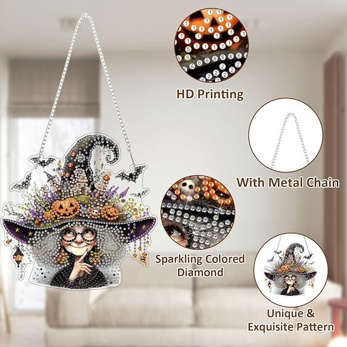 SENQAO Grandma Diamond Art Hanging Kits for Adults Kids, Acrylic Diamonds Painting Pendant Board Kits Halloween, Diamond Art Painting Window Pendants Home Garden Wall Hanging Kits Hanging Ornament