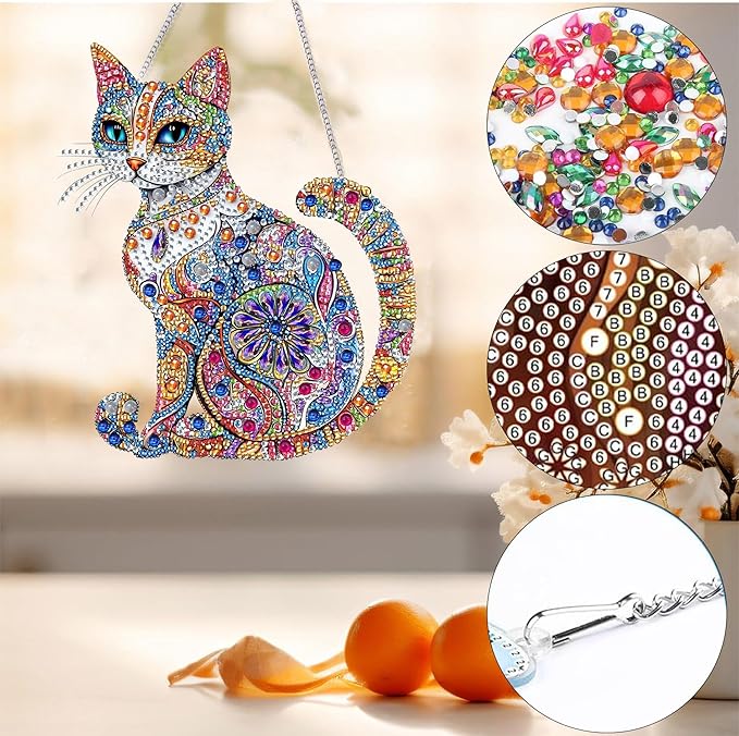 Bimkole Cat Diamond Art Hanging Kit for Adult, DIY 5D Animals Diamond Art Painting Window Pendant, Acrylic Crystal Art Hanging Ornament for Wall Home Garden Front Door Decor - 7.8x7.8 Inch