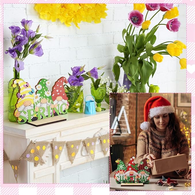 YooNotee 12 Sets Interchangeable Seasonal Diamond Art Tabletop Decorations Holiday Diamond Art Painting Kit with 12 Wood Base for Table Tiered Tray Decor Craft Graduation Centerpiece (Gnome)