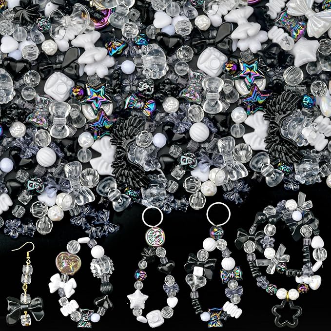 ABONDEVER 245-300Pcs Assorted Acrylic Beads for Bracelets Making Cute Star Bow Flower Candy Heart Gummy Bear Butterfly Beads for DIY Jewelry Crafts Keychain Necklace Phone Charms(Black)